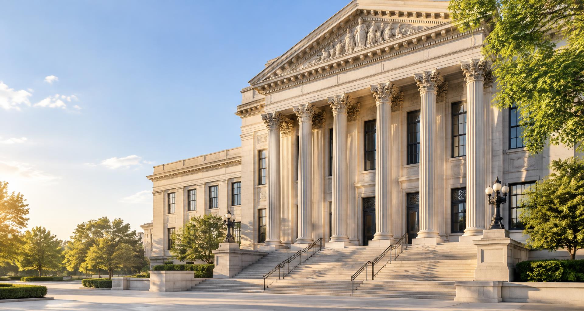 Sunlit classical courthouse with limestone columns